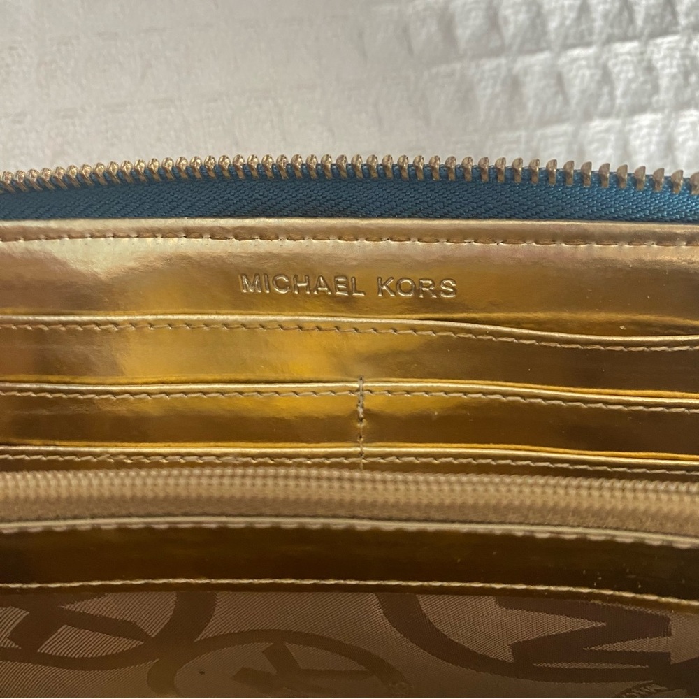 Michael Kors Teal Zip-Around Leather Wallet with Gold Plaque - Picture 5 of 8